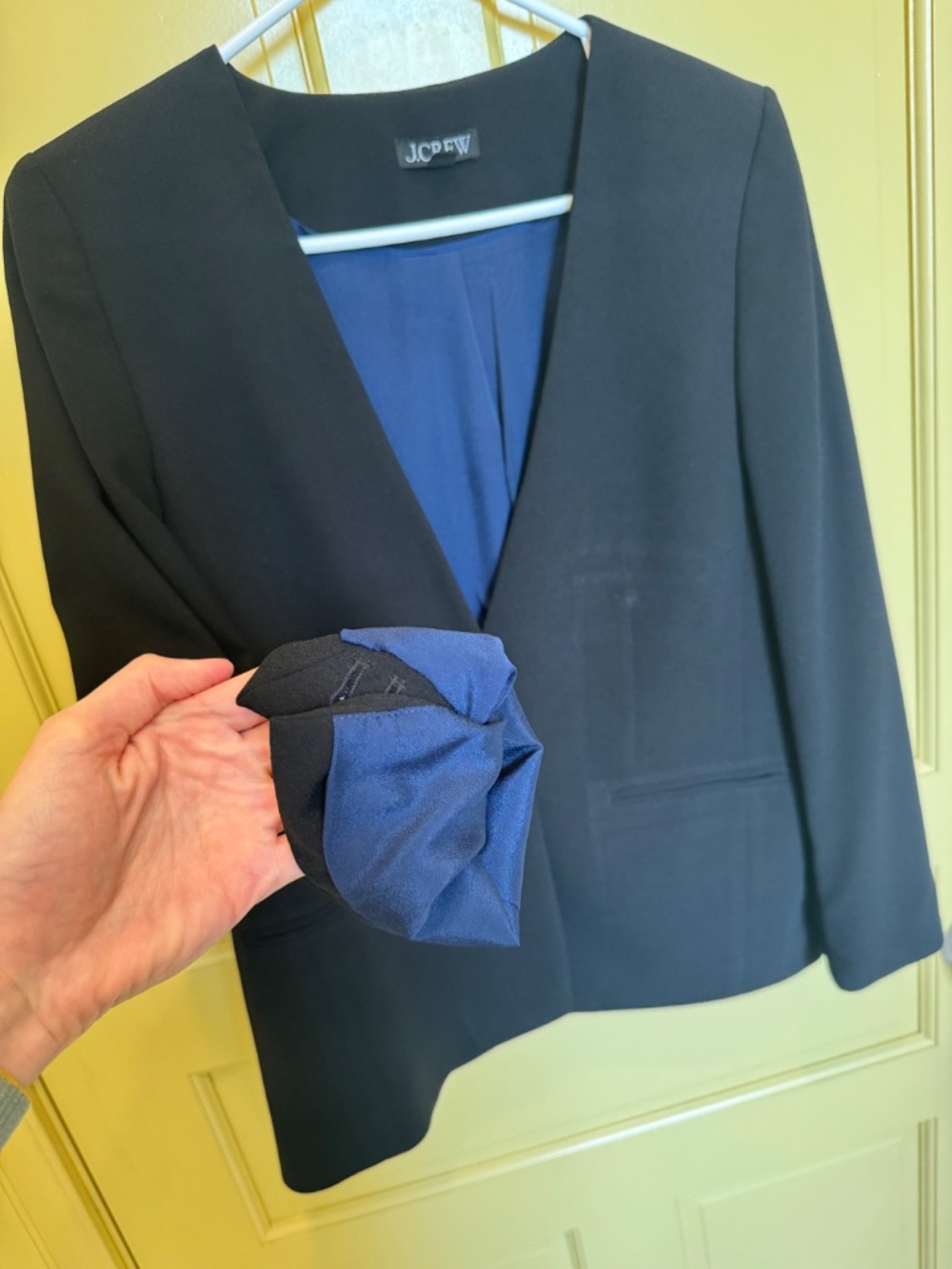 .Crew Collarless Black Blazer Single Button Blue Lining — Size 8 - Picture 3 of 4